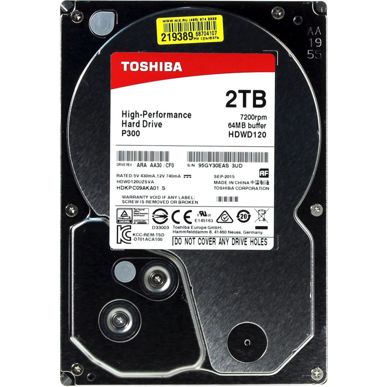 Жесткий диск Toshiba HDWD120UZSVA 3.5" 2 Тб, 7200 об/мин, 64 Мб