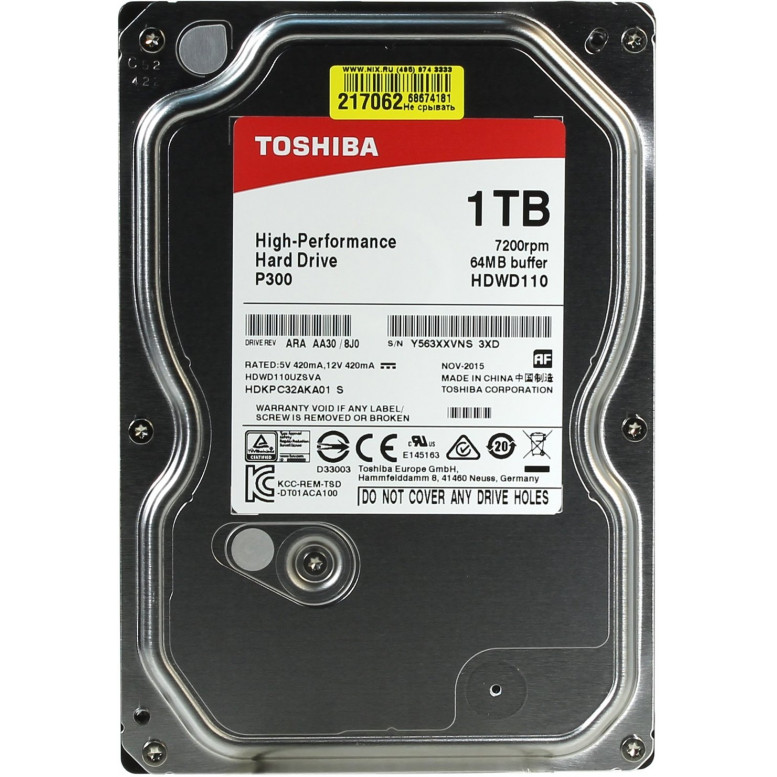 Жесткий диск Toshiba HDWD110UZSVA 3.5" 1 Тб, 7200 об/мин, 64 Мб