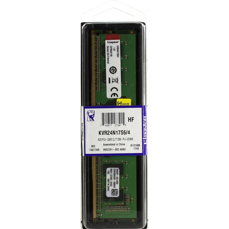Модуль памяти Kingston DDR4  4Gb  2400MHz  PC19200  KVR24N17S6/4