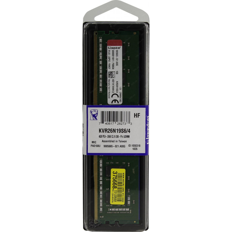 Модуль памяти Kingston DDR4  4Gb  2666MHz  PC21300  KVR26N19S6/4