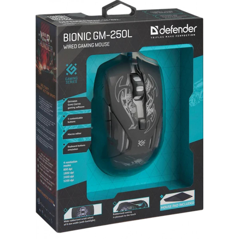 Мышь компьютерная Defender Bionic GM-250L оптика,6кнопок,800-3200dpi (52250)